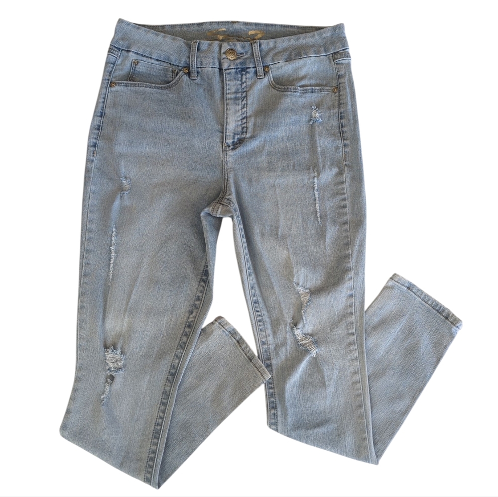 Seven 7 Distressed Ripped Tummy Less High Rise Denim Skinny Jeans 12 Blue